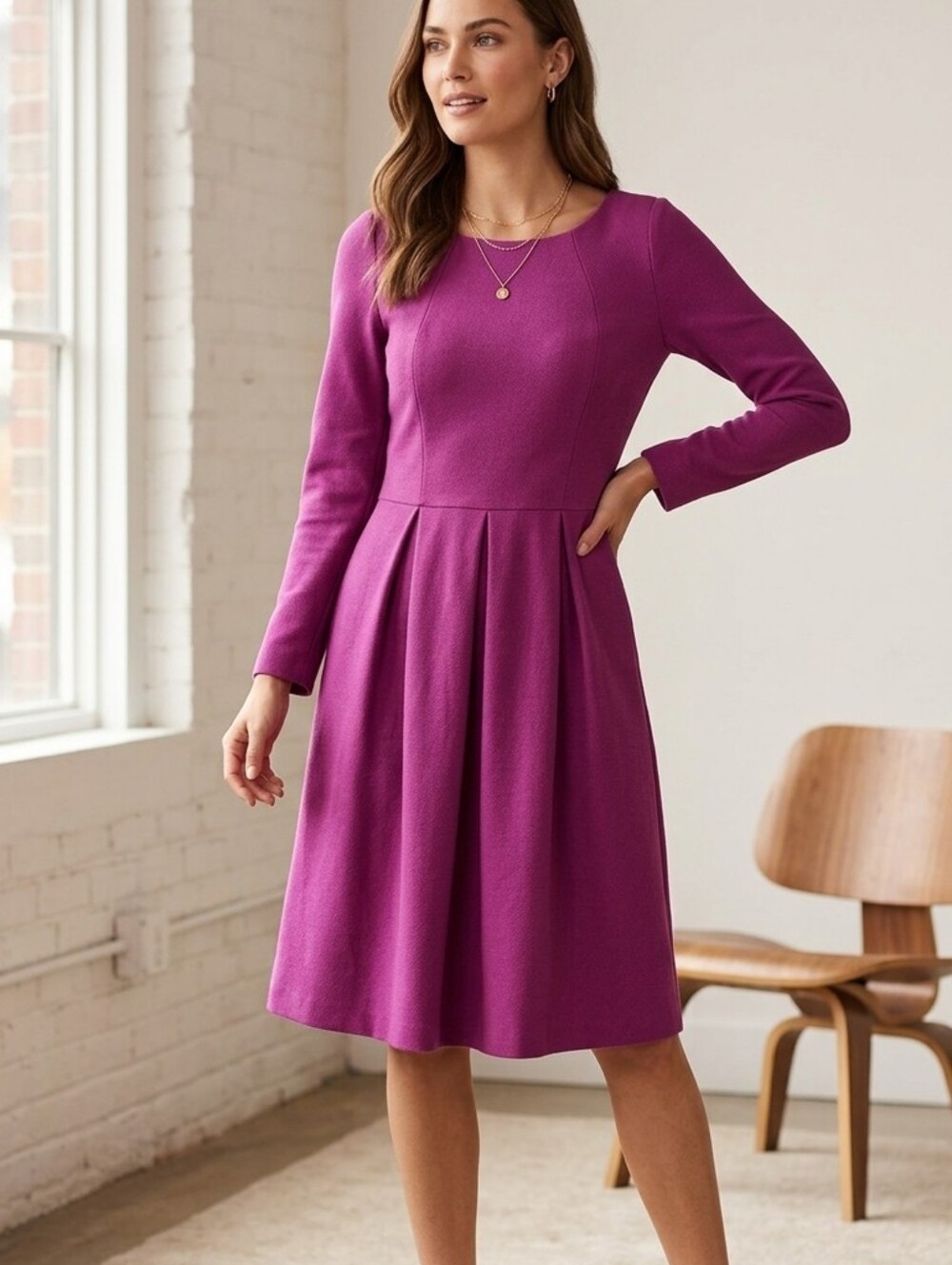 Boden Magenta Long Sleeve Pleated A-Line Dress US 4